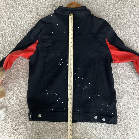 Refinery‎ Republic Black Denim Jacket Red Faux Leather Streetwear Thrashed Sz M - Picture 7 of 9